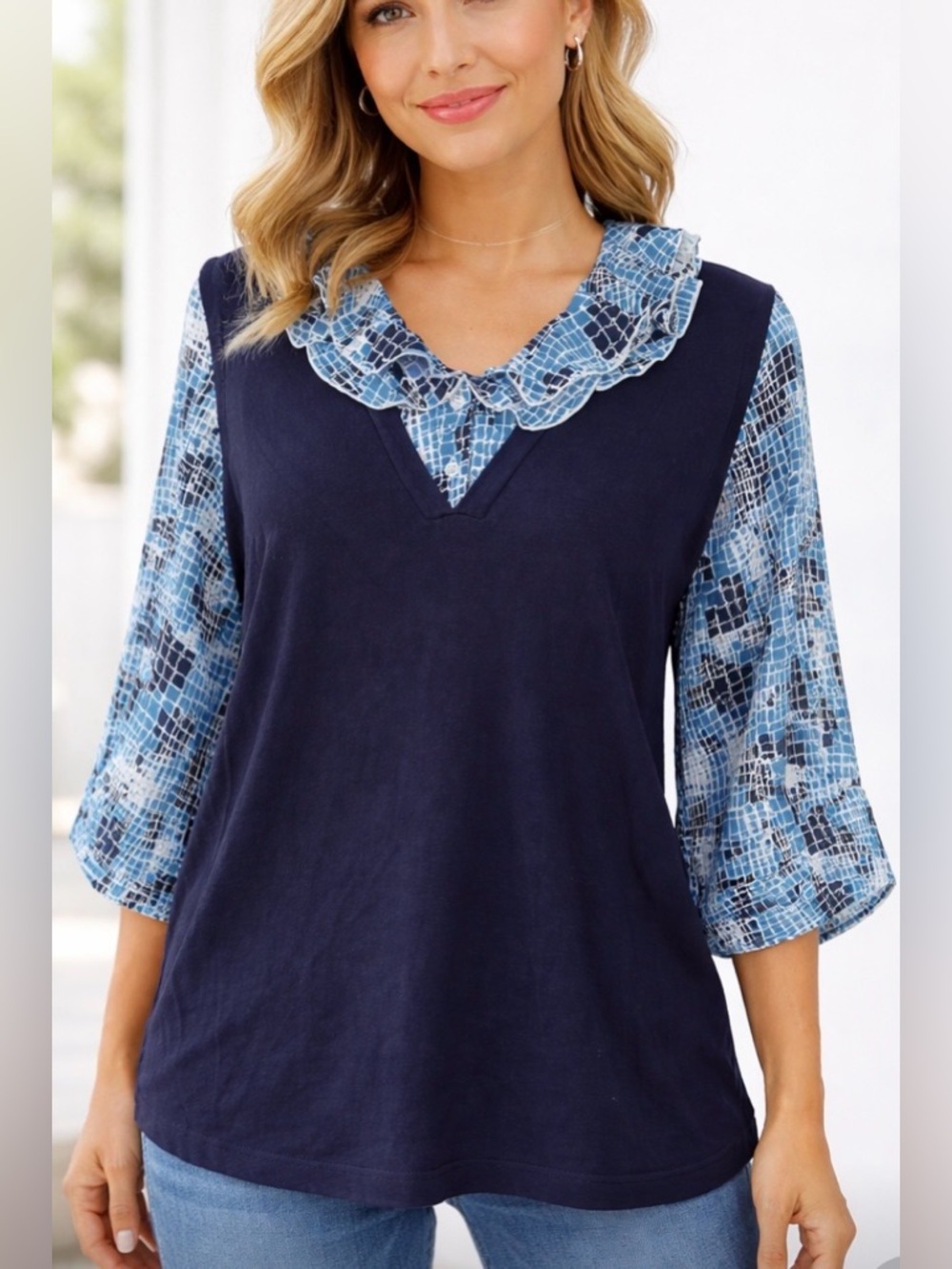 NWT!Maggie Barnes Navy & Blue Patterned Blouse Size 2X